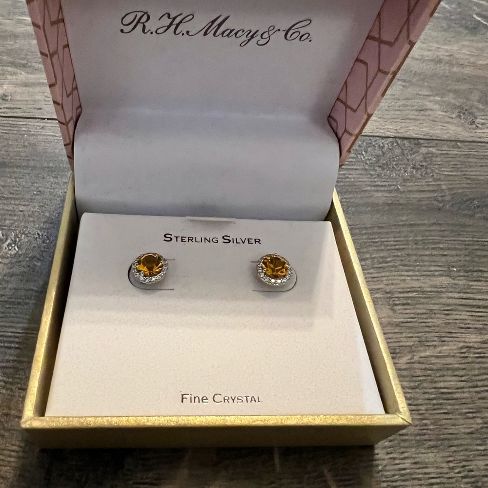 R.H Macy Sterling Silver & Citrine Crystal‎ Earrings NEW